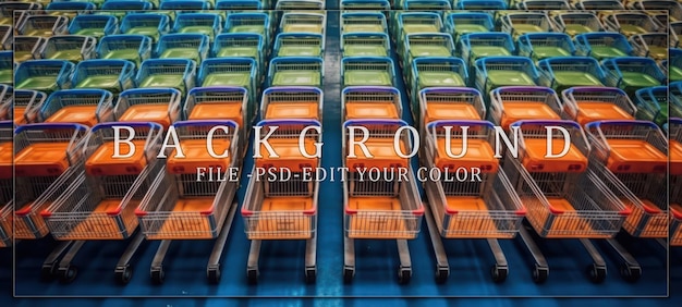 PSD rows of orange shopping carts in a store