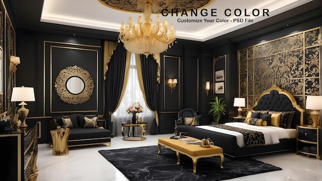 PSD royal luxury bedroom interior design modern black and golden interior design luxurious bedroom