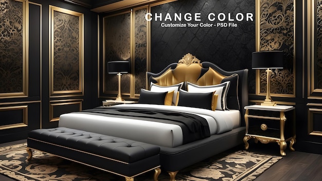 PSD royal luxury bedroom interior design modern black and golden interior design luxurious bedroom