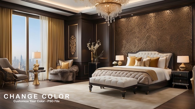 PSD royal luxury bedroom interior design modern bronze and golden interior design luxurious bedroom