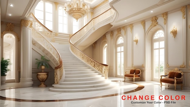 PSD royal luxury entrance hall with staircase interior design beige and white color interior design