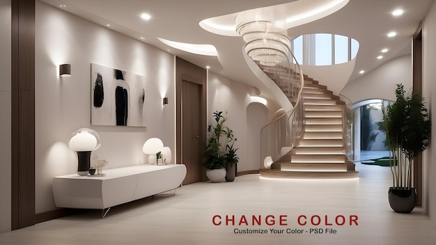 PSD royal luxury entrance hall with staircase interior design light brown and white color interior