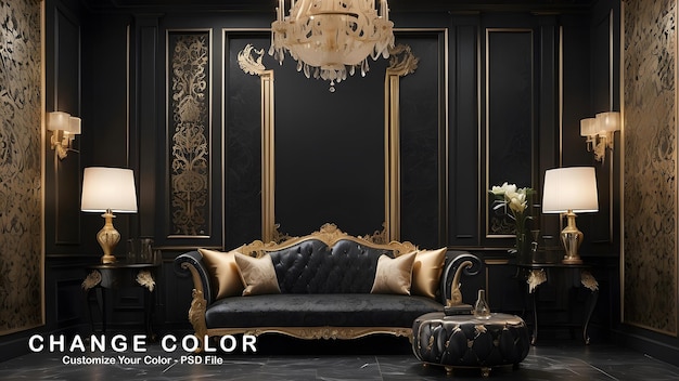 Royal luxury living room interior design modern black and golden interior design luxurious living