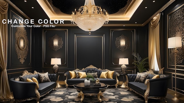 PSD royal luxury living room interior design modern black and golden interior design luxurious living