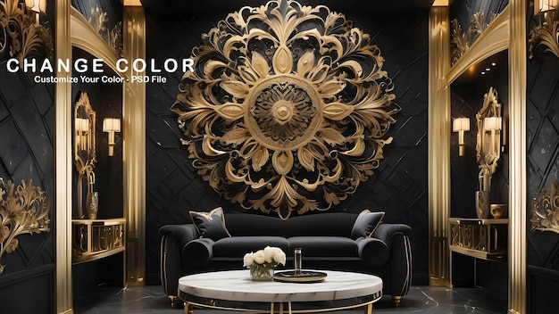 PSD royal luxury living room interior design modern black and golden interior design luxurious living