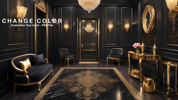 PSD royal luxury living room interior design modern black and golden interior design luxurious living