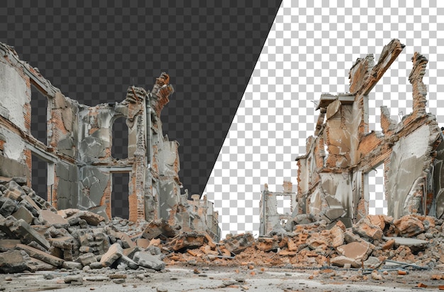 PSD ruined brick building facade with debris cut out stock png