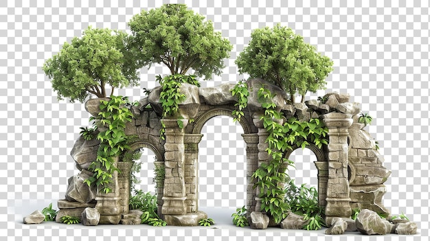 A ruined building covered with plants on an island on transparent background