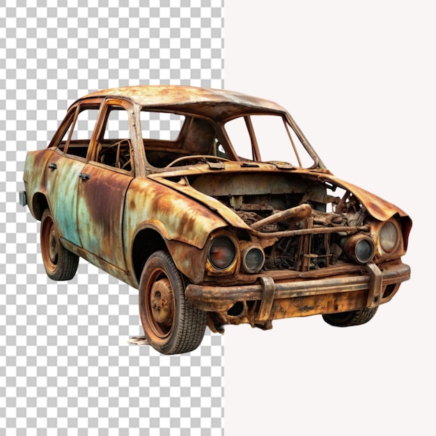 PSD ruined car post apocalyptic car on transparent background