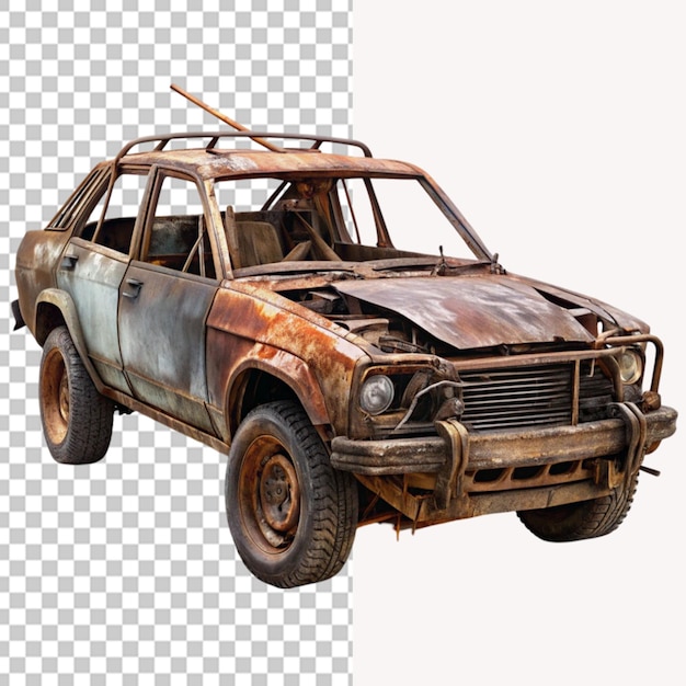 PSD ruined car post apocalyptic car on transparent background