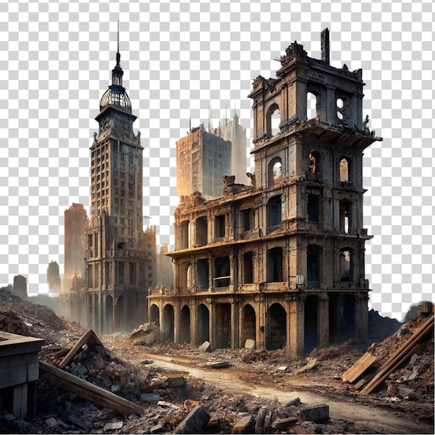 Ruined destroyed apocalyptic city building Isolated on transparent background