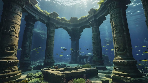 PSD the ruins of an underwater temple lie on the ocean floor