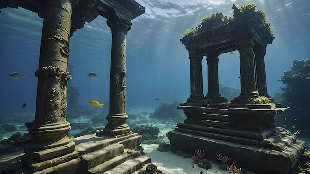 PSD the ruins of an underwater temple lie on the ocean floor