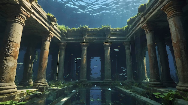 PSD the ruins of an underwater temple lie on the ocean floor