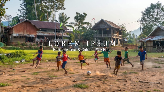 PSD rural children are playing football in the sunshine day in a village