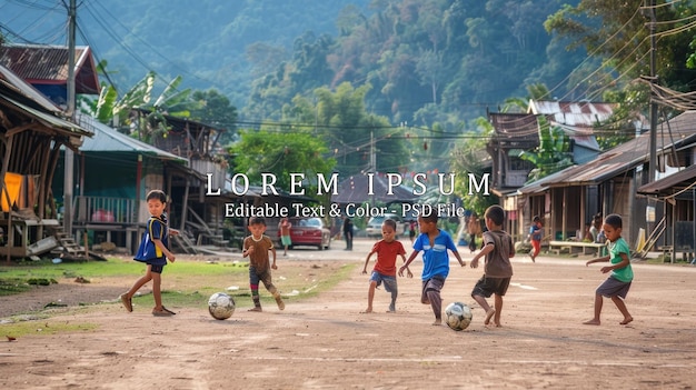 PSD rural children are playing football in the sunshine day in a village