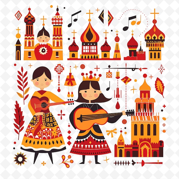 PSD russian characters playing balalaika design is traditional a illustration cutural landscape view