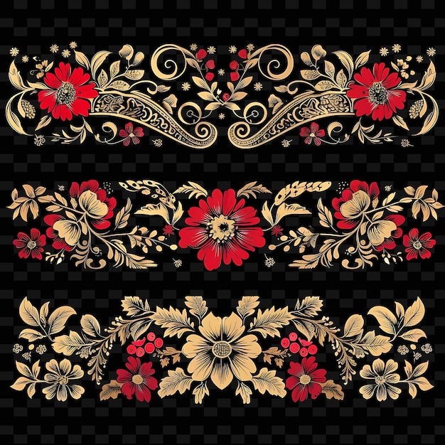 Russian Khokhloma Borderlines With Floral and Berry Patterns PNG Unique Stylized Motifs Designs