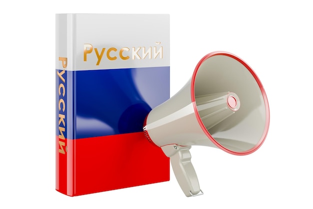 Russian language textbook with megaphone Courses of Russian language 3D rendering isolated on transparent background