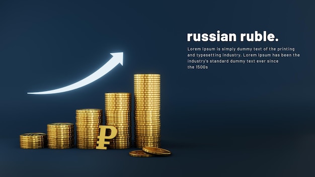 Russian ruble coin or money stack step up growing with arrow pointing upward