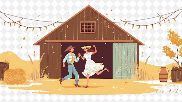 PSD rustic barn with cowboy and cowgirl characters dancing desig people life style flat illustration