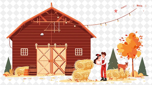 PSD rustic barn with snow white and the prince having a country people life style flat illustration