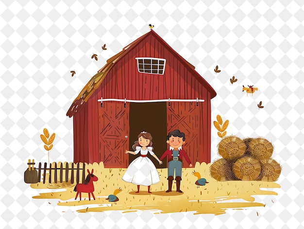 PSD rustic barn with snow white and the prince having a country people life style flat illustration