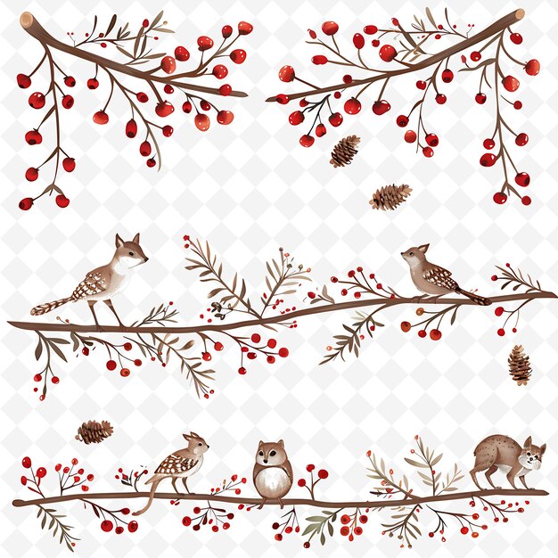 PSD rustic branch with woodland creatures and berries on it deco png natural inspired flat borderline