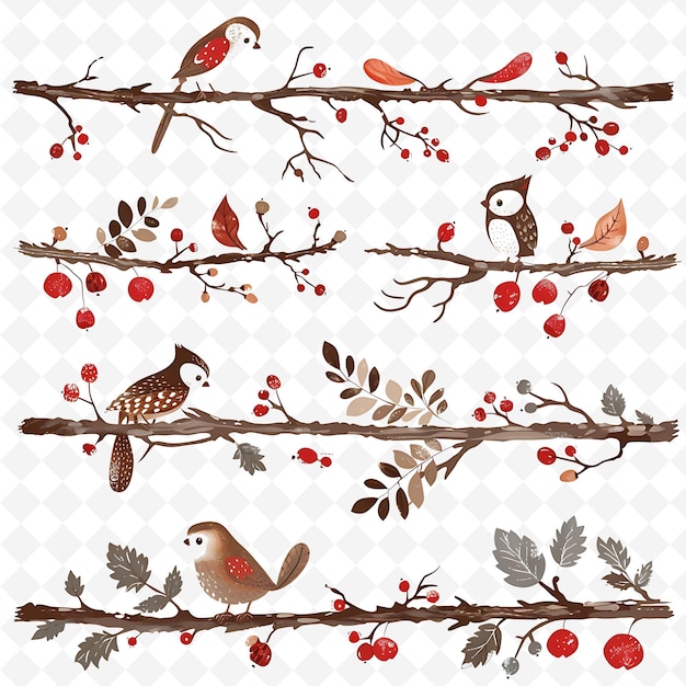 PSD rustic branch with woodland creatures and berries on it deco png natural inspired flat borderline