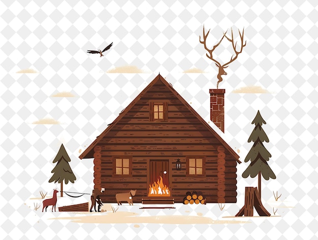 PSD rustic cabin with hunter characters having a hunting session people life style flat illustration