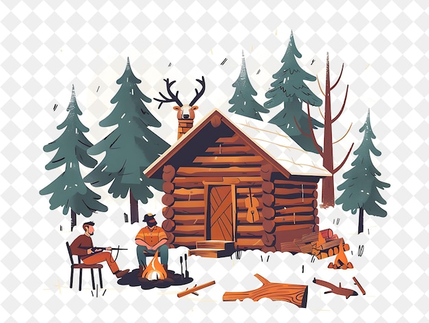 PSD rustic cabin with hunter characters having a hunting session people life style flat illustration