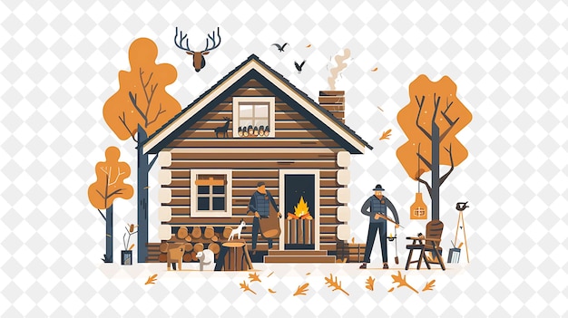 Rustic Cabin With Hunter Characters Having a Hunting Session People Life Style Flat Illustration