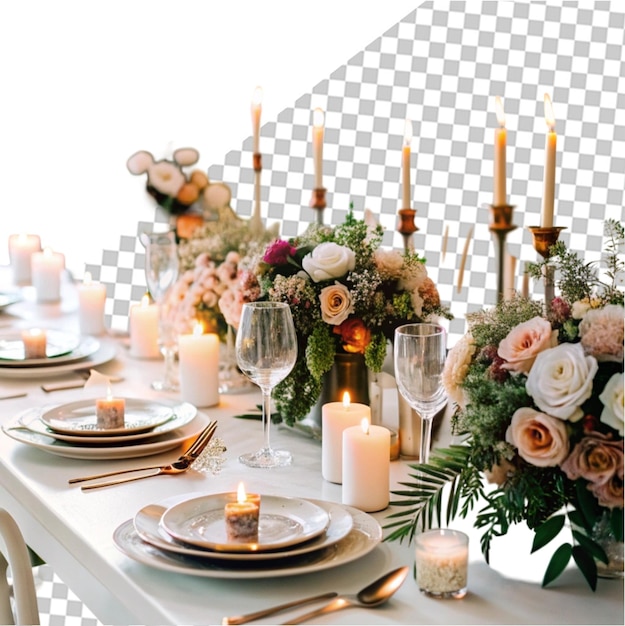 PSD rustic candlestick and flower arrangement on table at wedding reception