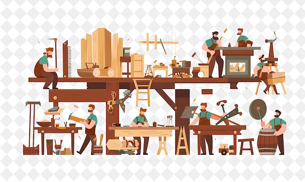 PSD rustic carpenter with characters building and crafting furni png people in daily work illustration