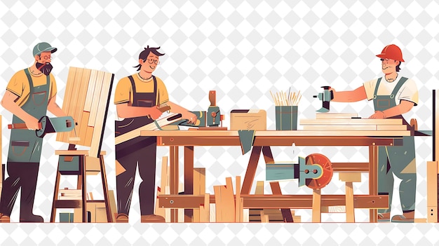 PSD rustic carpenter with characters building and crafting furni png people in daily work illustration