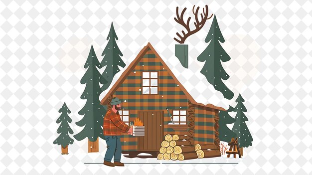 Rustic Chalet With Lumberjack Characters Having a Wood Chopp People Life Style Flat Illustration