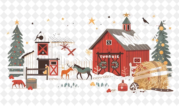 Rustic Christmas Farm With Farmers and Animals Preparing for Illustration Christmas Art Design