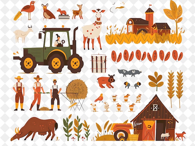 PSD rustic farmer with characters planting and harvesting crops png people in daily work illustration