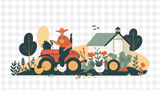 PSD rustic farmer with characters planting seeds and harvesting png people in daily work illustration