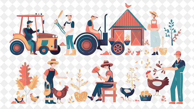 PSD rustic farmer with characters planting seeds and harvesting png people in daily work illustration