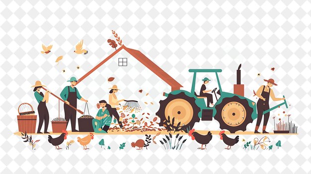 PSD rustic farmer with characters planting seeds and harvesting png people in daily work illustration