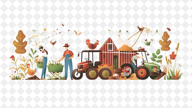 PSD rustic farmer with characters planting seeds and harvesting png people in daily work illustration