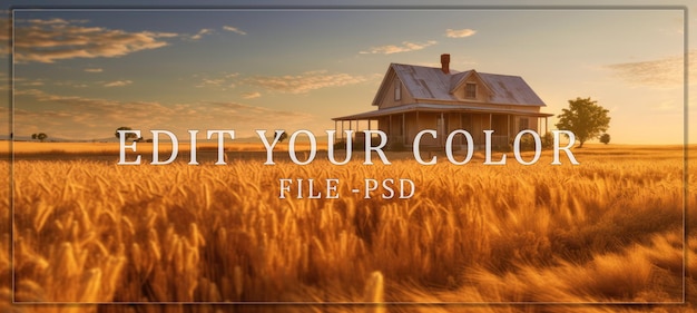 PSD rustic farmhouse in a golden field