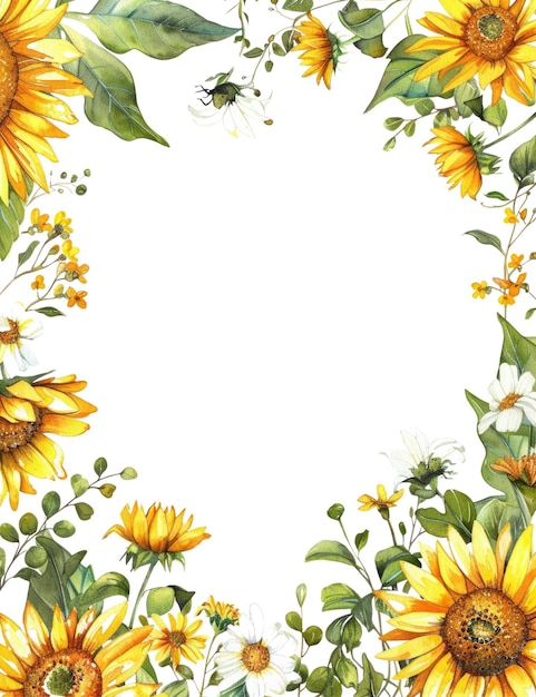 PSD rustic frame with sunflowers and leaves isolated on a white background aig56