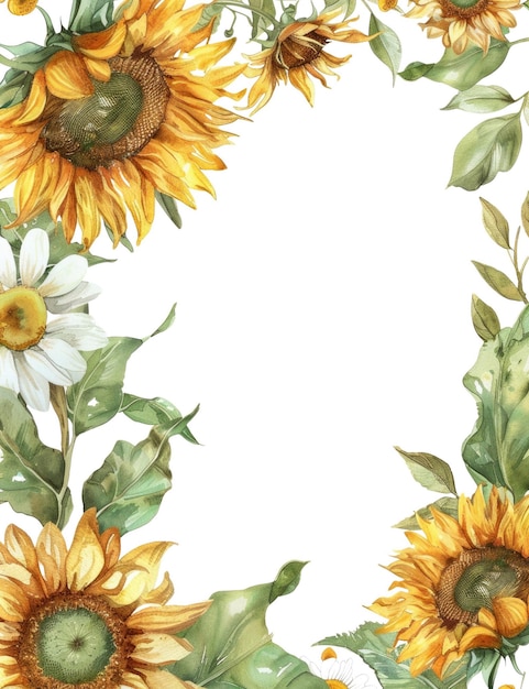 PSD rustic frame with sunflowers and leaves isolated on a white background aig56