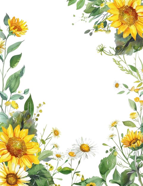 PSD rustic frame with sunflowers and leaves isolated on a white background aig56