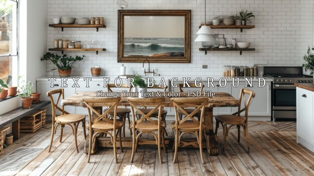 PSD rustic kitchen dining area with coastal view