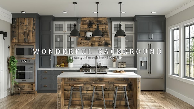 PSD rustic kitchen interior design with a farmhouse style