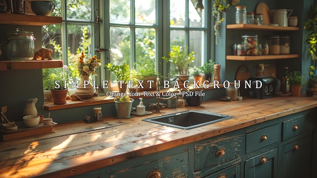 PSD rustic kitchen with warm sunlight streaming through window