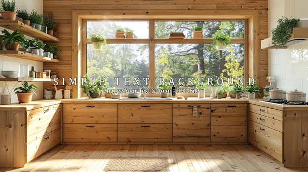 PSD rustic kitchen with wooden cabinets and a view of trees